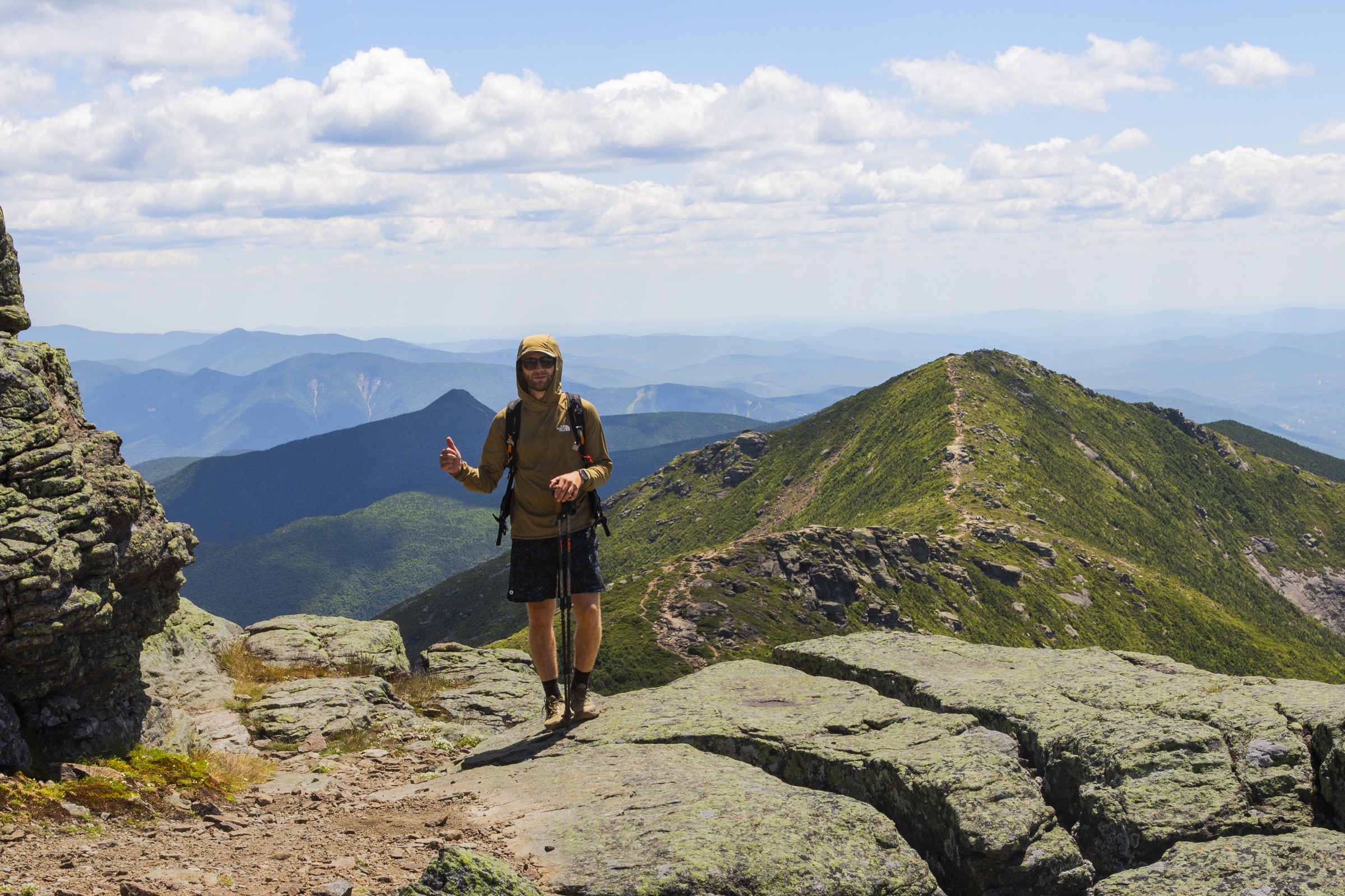 Thumbs up at the summit of Mount Lafayette, New Hampshire